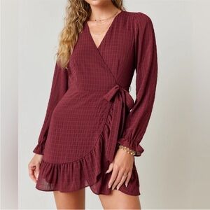 Urban Outfitters Mi Ami Wrap Dress Maroon Wrap-Front Dress w/ Ruffles, V-Neck